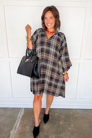 Windowpane Plaid Swing Dress in Black