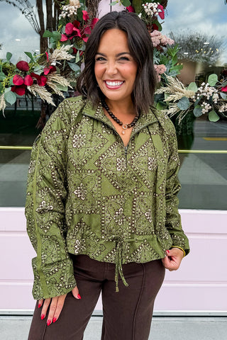 The Hadley Drawstring Pullover Jacket in Olive Patchwork