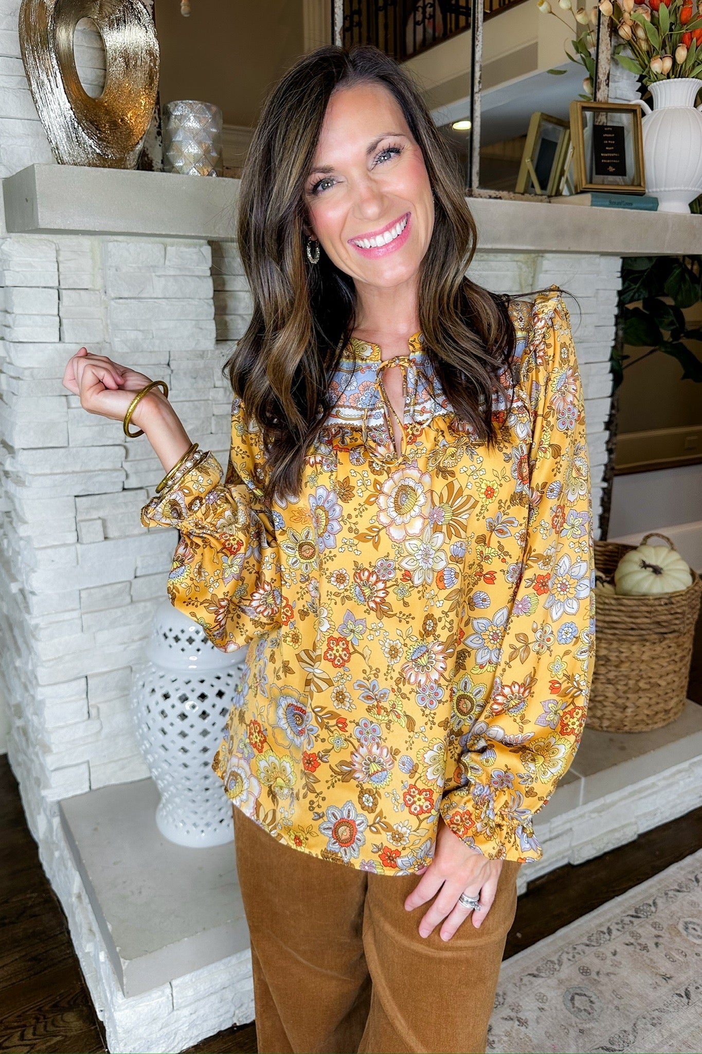 Floral Tie Neck Poet Sleeve Satin Mustard Blouse