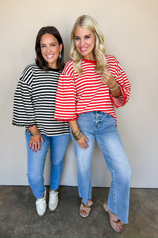 Black & White Striped Boxy Lace Detail Top