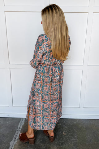 Stamped Tile Print Maxi Dress in Blue
