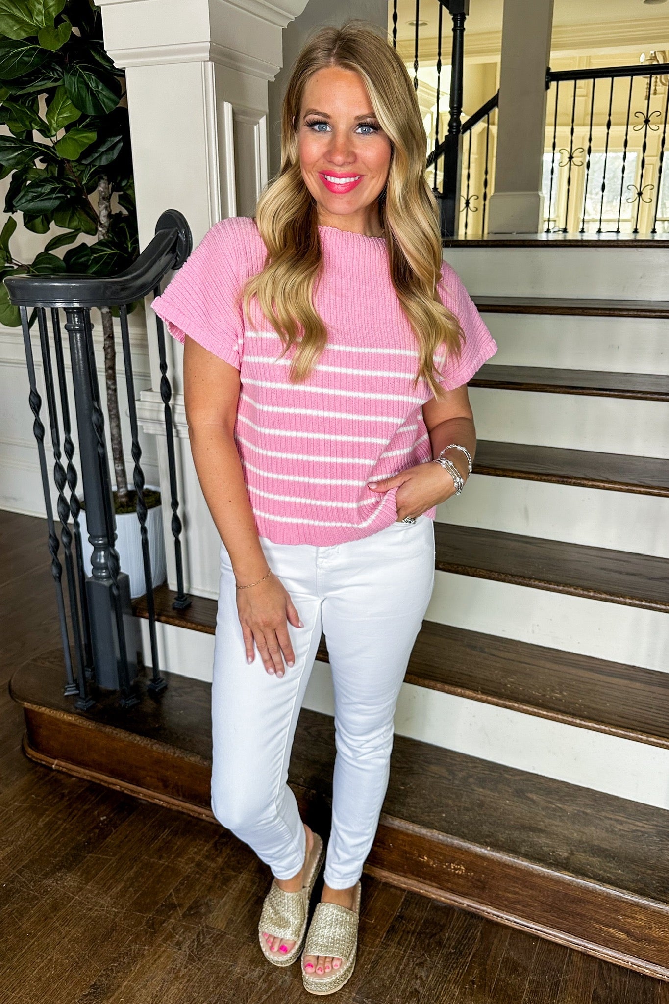 Cropped Striped Knit Top in Pink