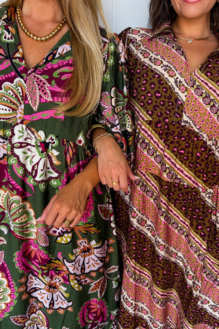 Talk Of The Town Paisley Midi Dress in Olive