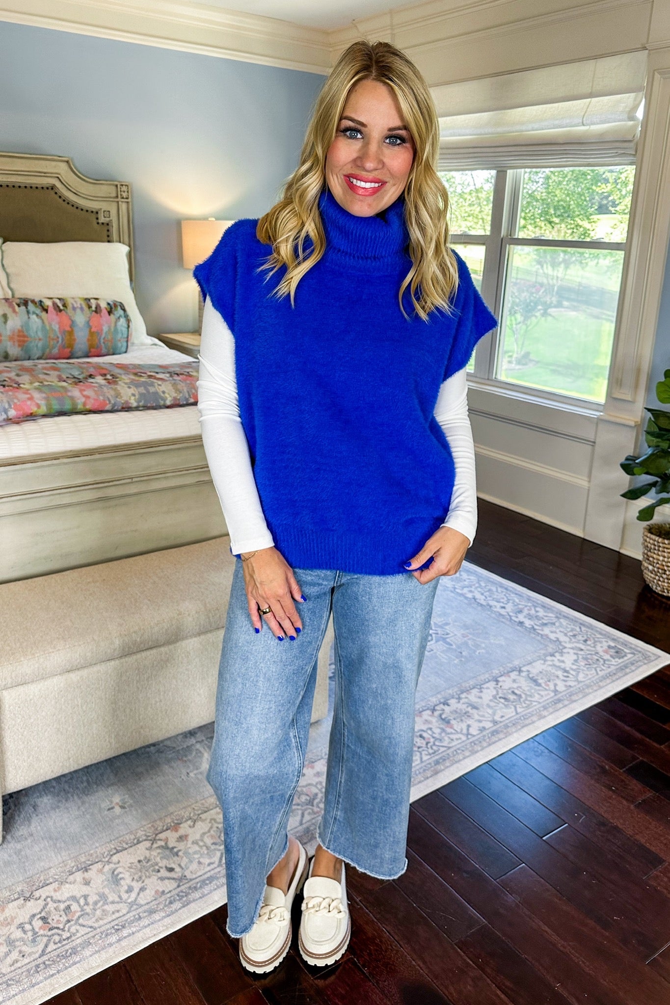 Fuzzy Soft Ribbed Cowl Neck Poncho Top in Royal Blue