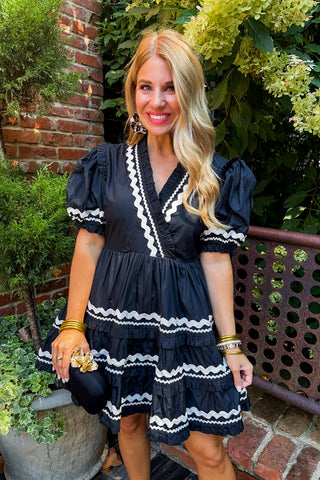 Wrapped Ric Rac Tiered Dress in Black