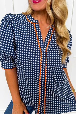 The Elaine Top in Gingham Navy/Orange by Mary Square