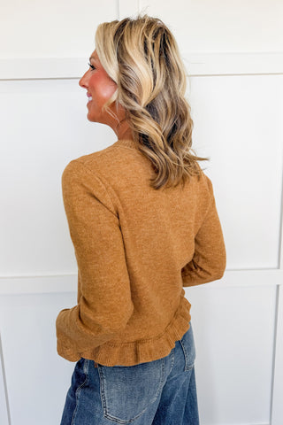 Caramel Kiss Ruffle Hem Button Front Cardigan