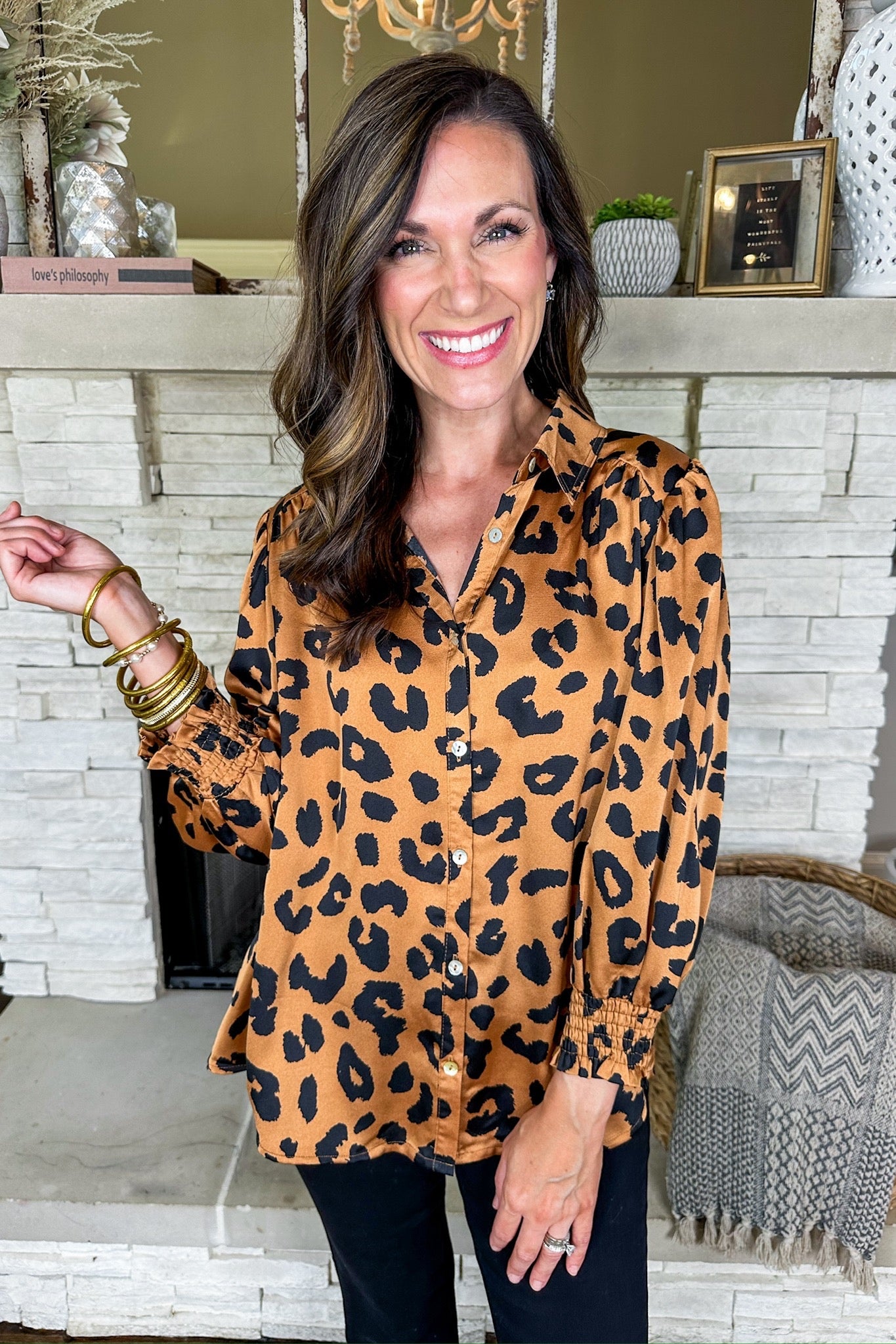 Bronze Button Up Collared Satin Leopard Top