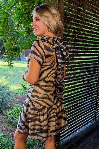 The Amelia Soirée Organza Short Sleeve Dress in Animal Print