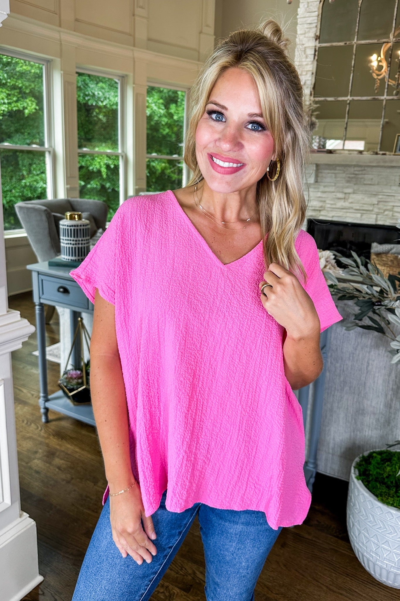 The Whitney Textured V Neck Staple Shift Top Pink