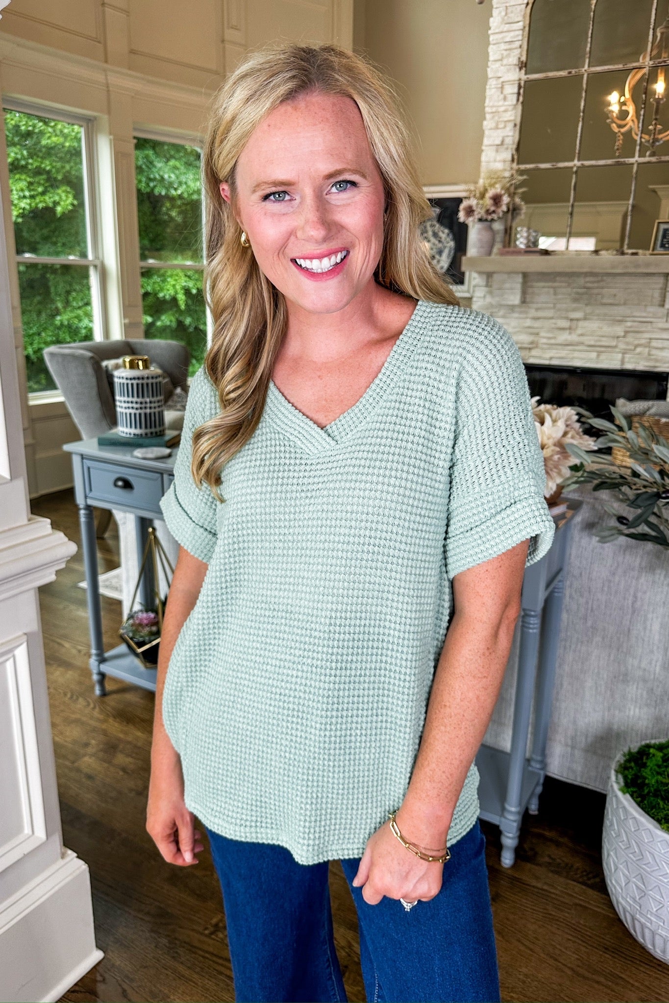 The Sammie Waffle Knit Cuff Sleeve Top Sage