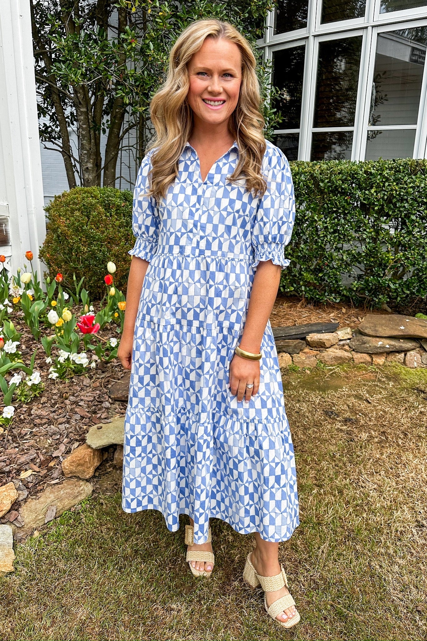 The Molly Blue & White Check Mate Tiered Midi Dress by Michelle McDowell