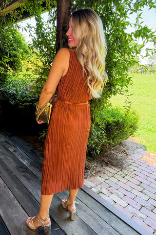 Rsvp Ready Pleated Midi Dress in Rust