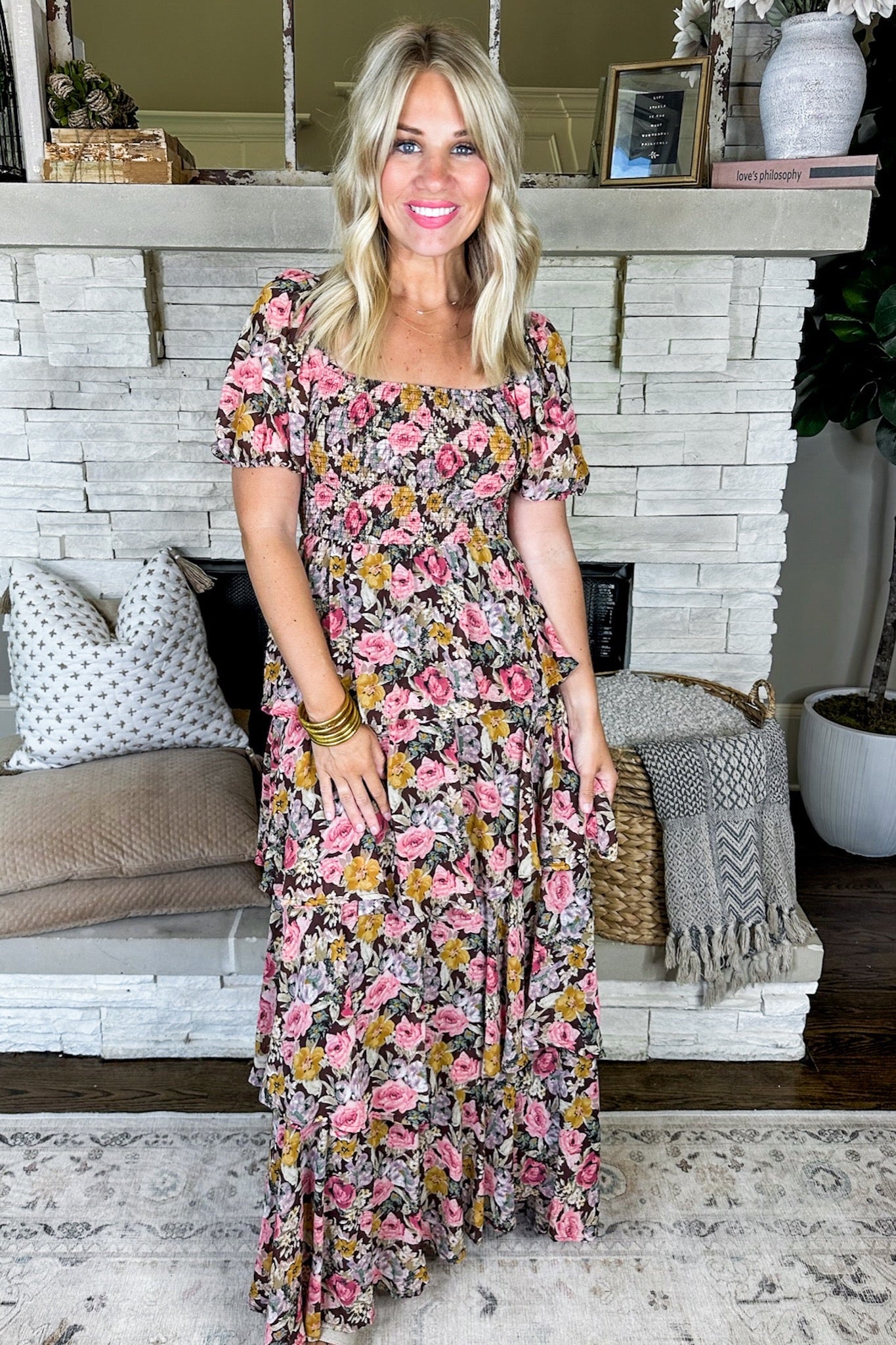 Pink/Brown Floral Square Neck Smocked Tiered Maxi Dress