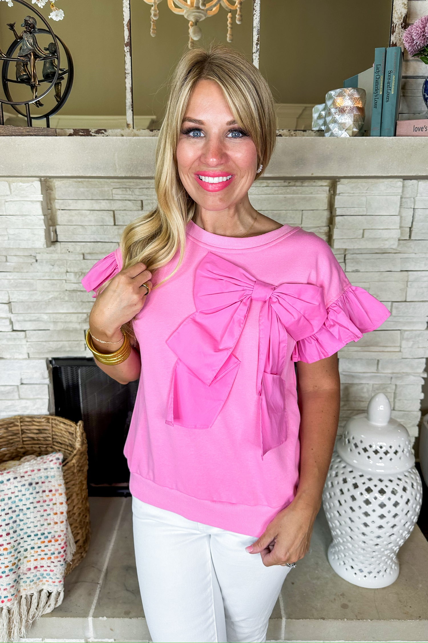 Sophisticated Poplin Bow Ruffle Sleeve Top in Pink