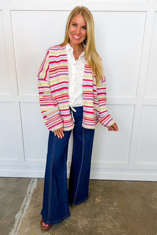 All Mixed Up Stripe Cardigan in Fuchsia Multi