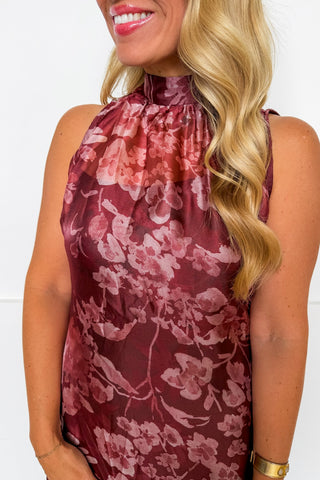 The Amelia Soirée Organza Midi Dress in Rust Floral