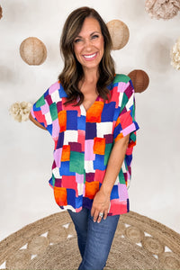 Multi Color Geometric V-Neck Shift Top