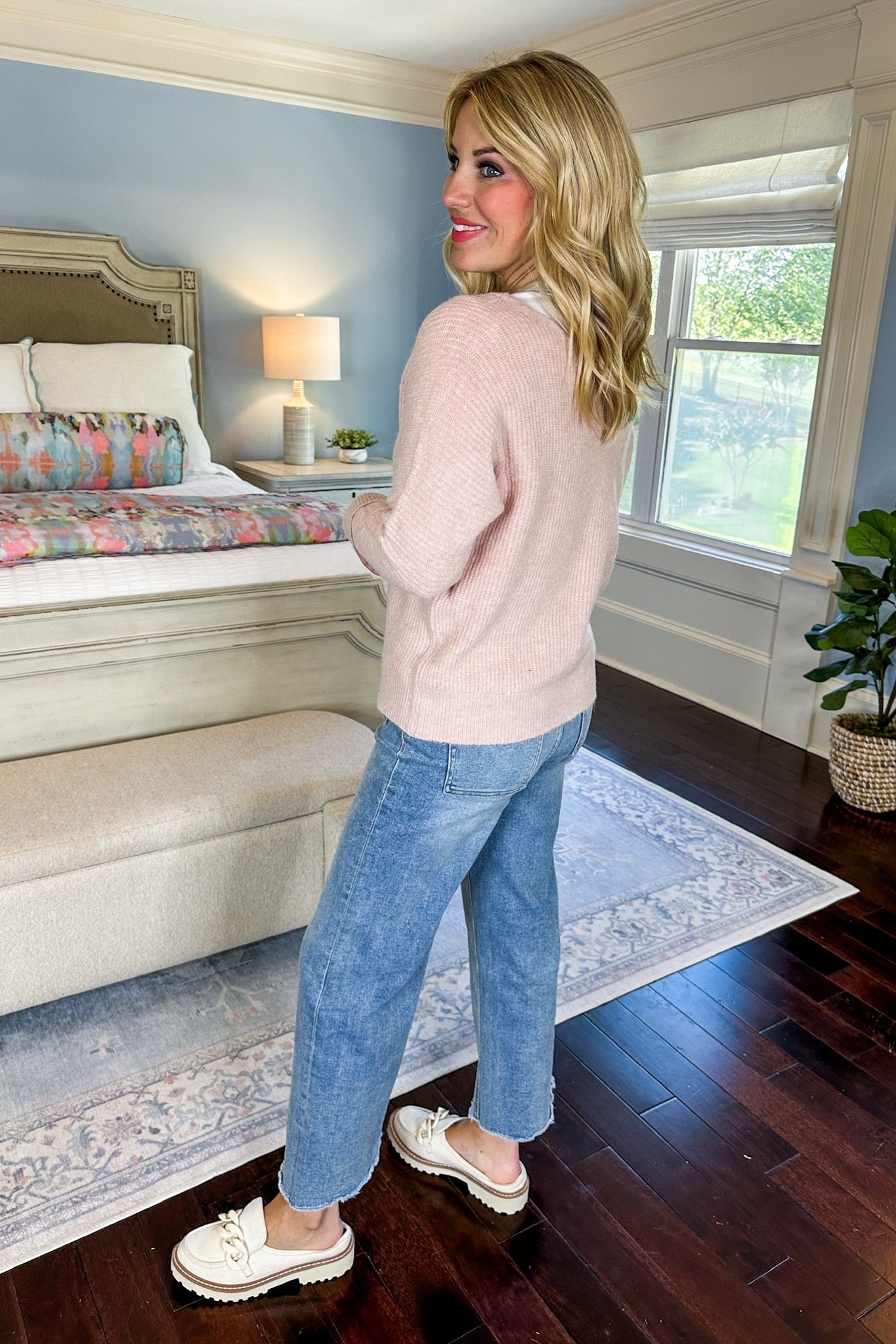 Cozy V-Neck Button Down Knit Sweater in Blush