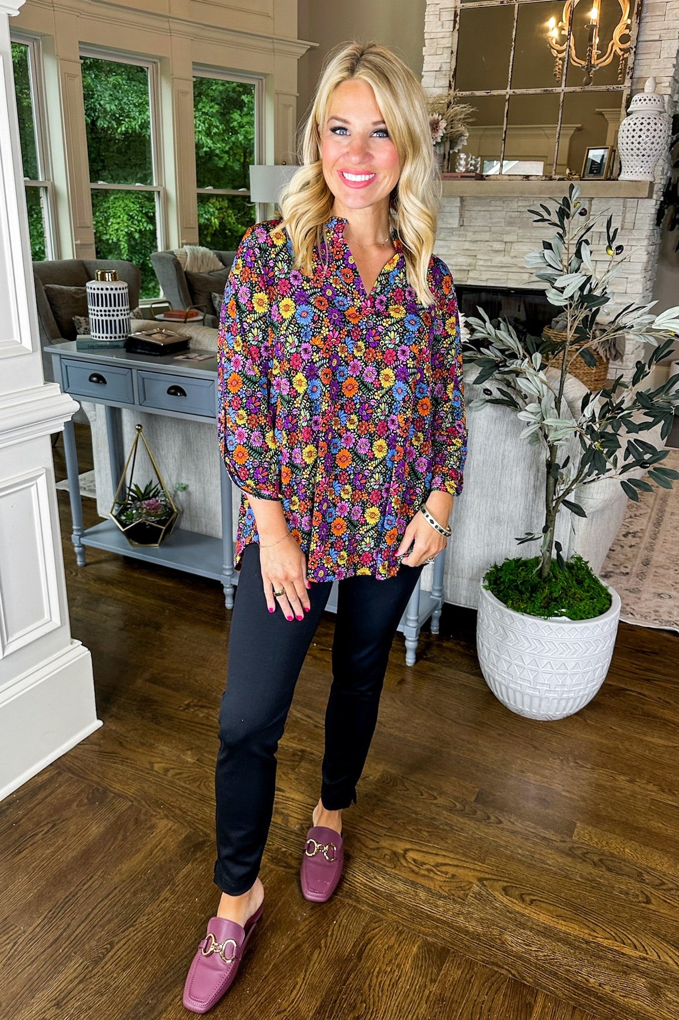 The Lizzy Top in Black Bold Multicolor Floral