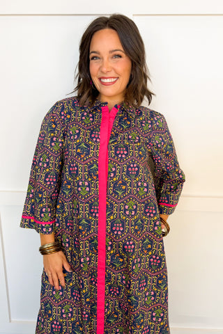 Floral Mosaic Contrast Trim Midi Dress in Navy & Magenta