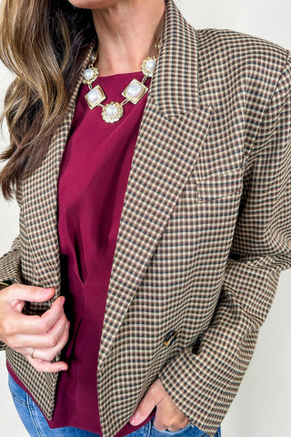 Brown Gingham Print Cropped Jett Pocketed Blazer Jacket