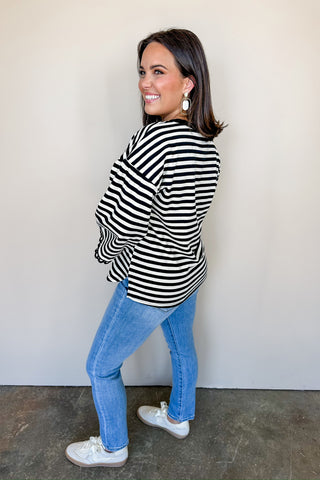Black & White Striped Boxy Lace Detail Top