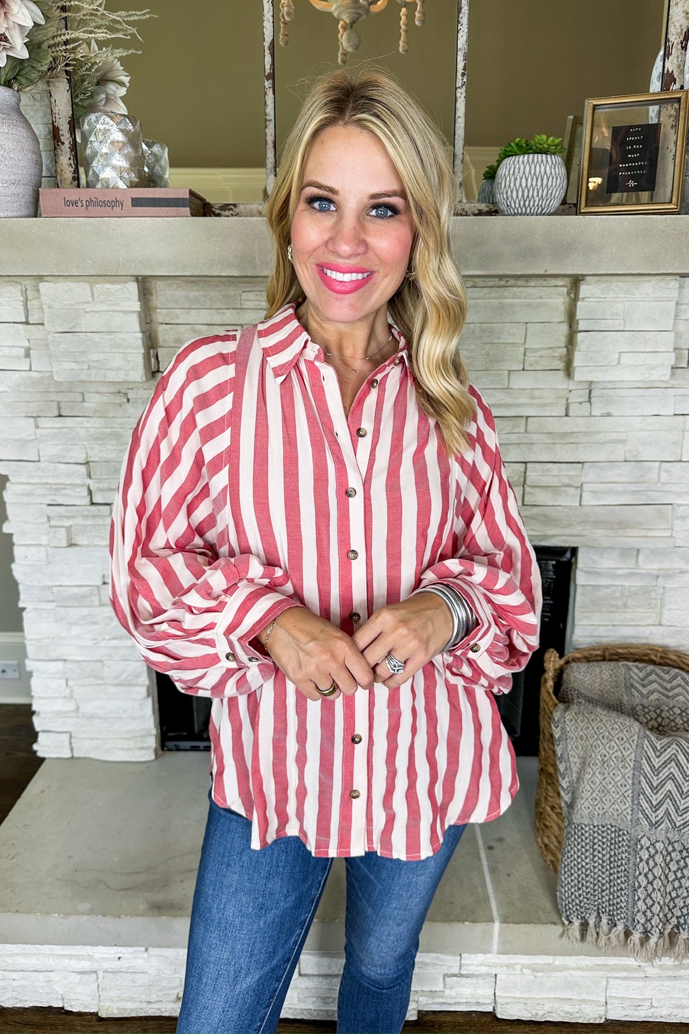 Red Striped Shimmer Glazed Button Down Balloon Sleeve Top