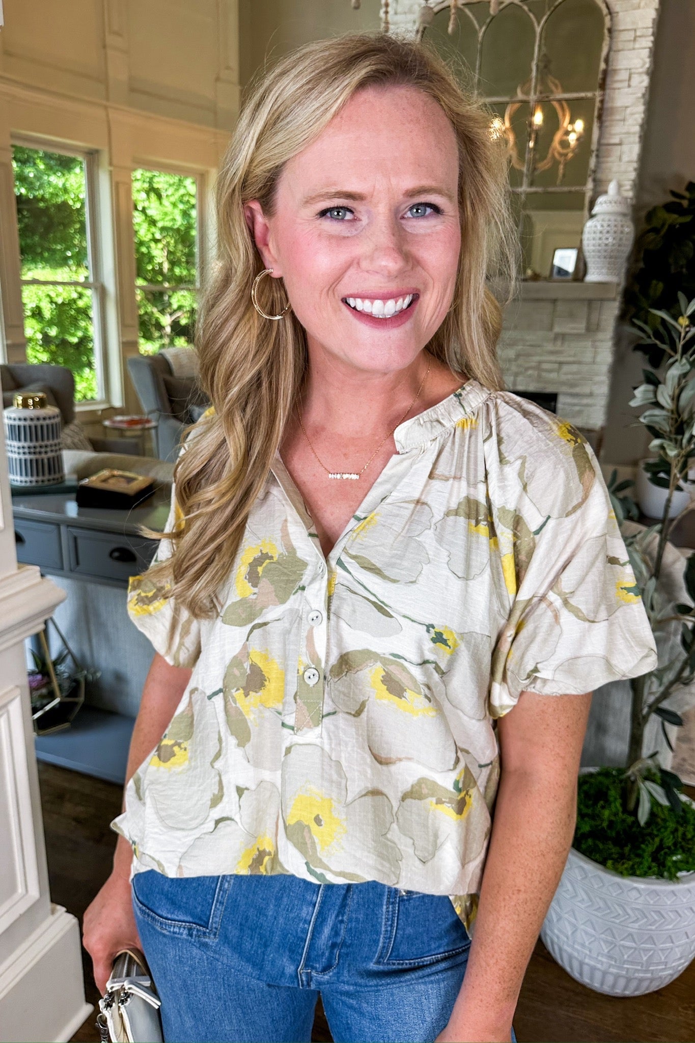 Half Button Down Floral Taupe Mix Notch Neck Top