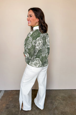 The Sarah Top in Printed Olive & White