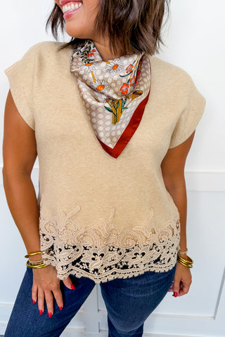 Trimmed In Lace Knit Top in Oatmeal
