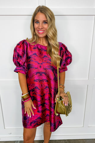 Mixing It Up Puff Sleeve Dress in Magenta