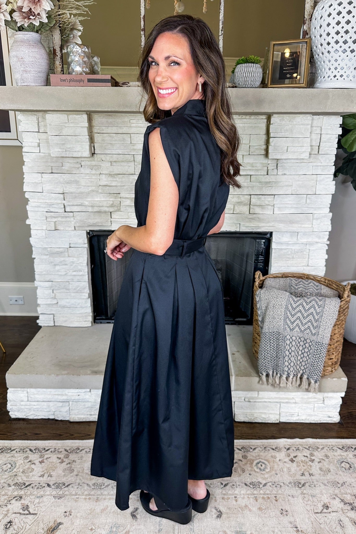 Timeless Collared Button Down Belted Waist Black Midi Dress