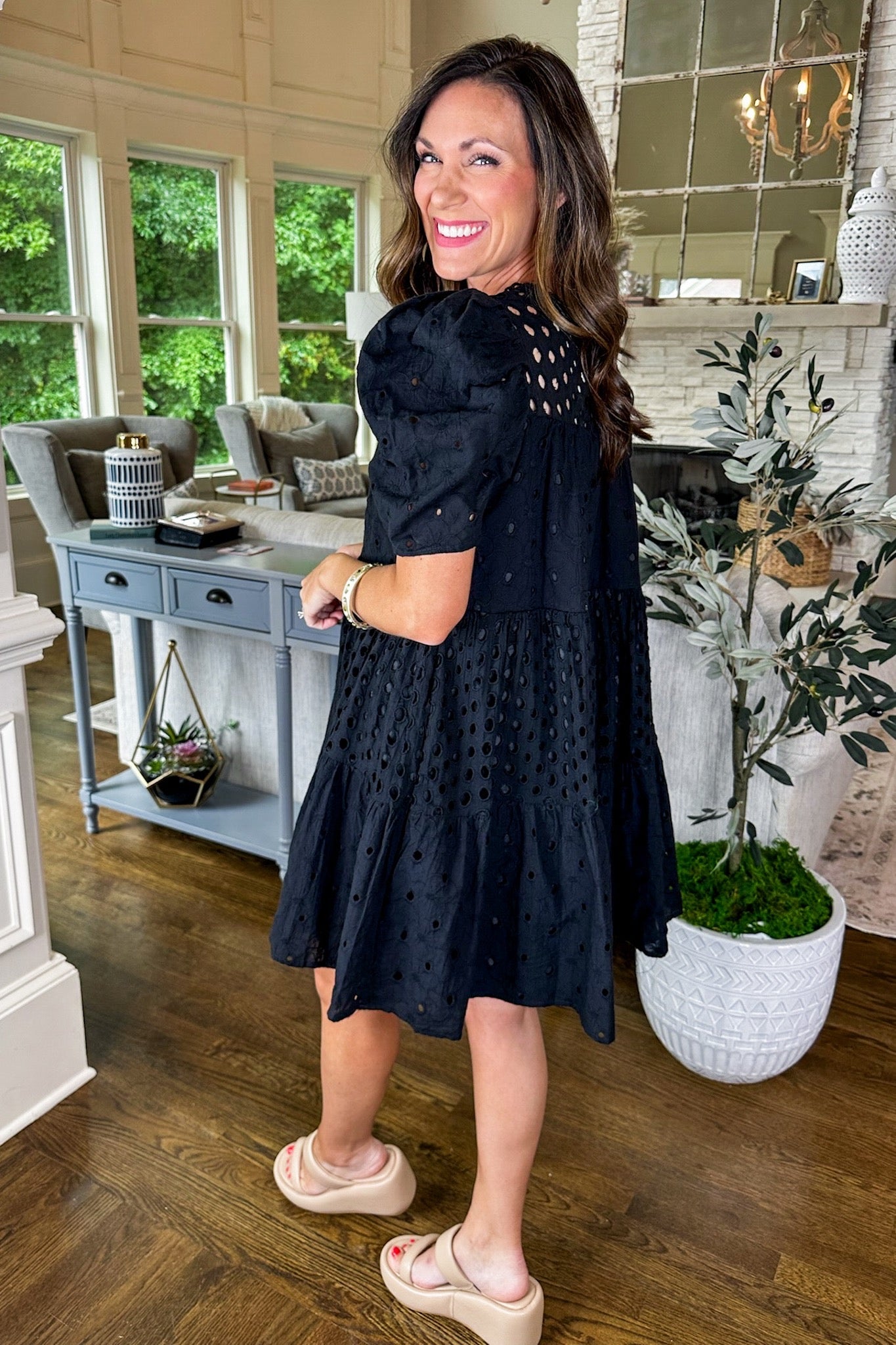 Black Bubble Floral Eyelet Lace Tiered Short Sleeve Dress