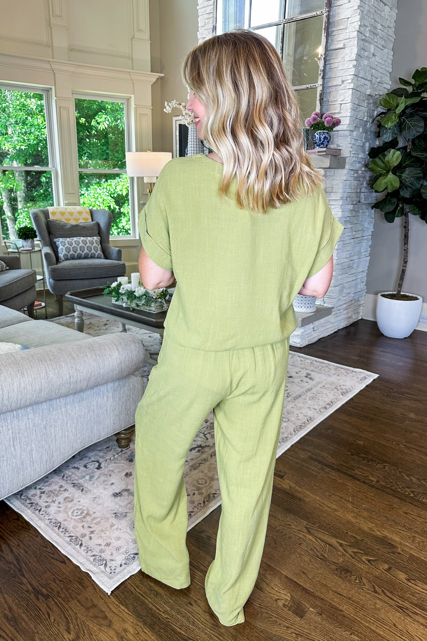 Linen Tabbed Sleeve Crop Top & Pocketed Elastic Pants Set in Chartreuse