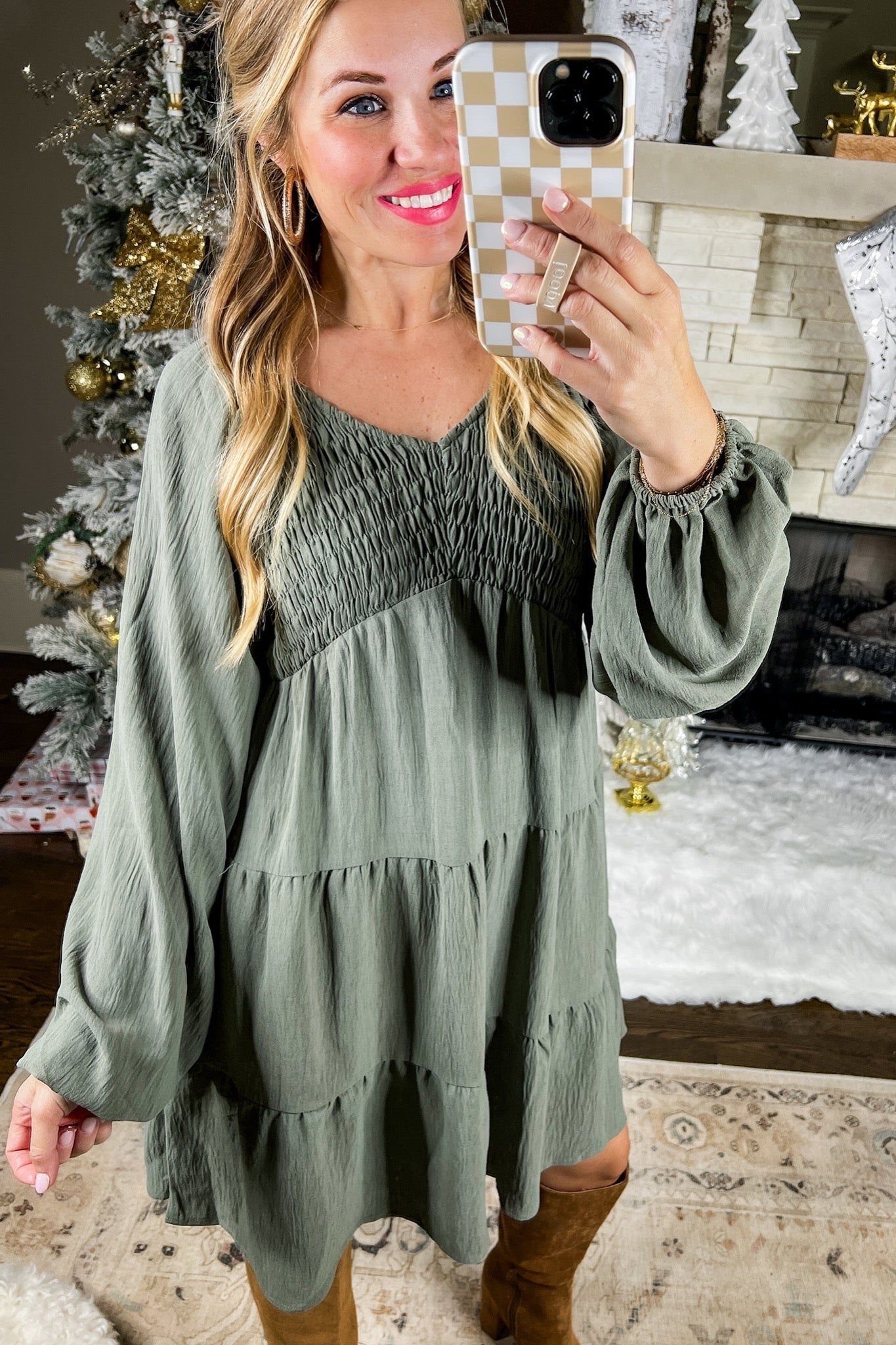 Faded Olive Babydoll Smocked Tiered Dress