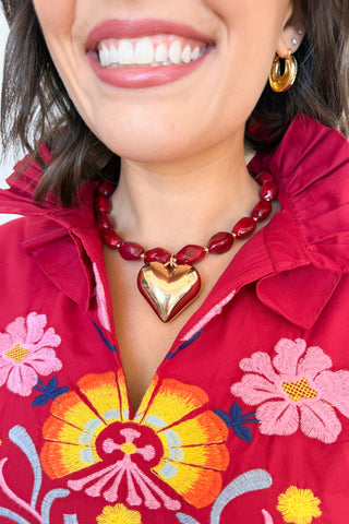 Heart Of Gold Beaded Necklace in Burgundy
