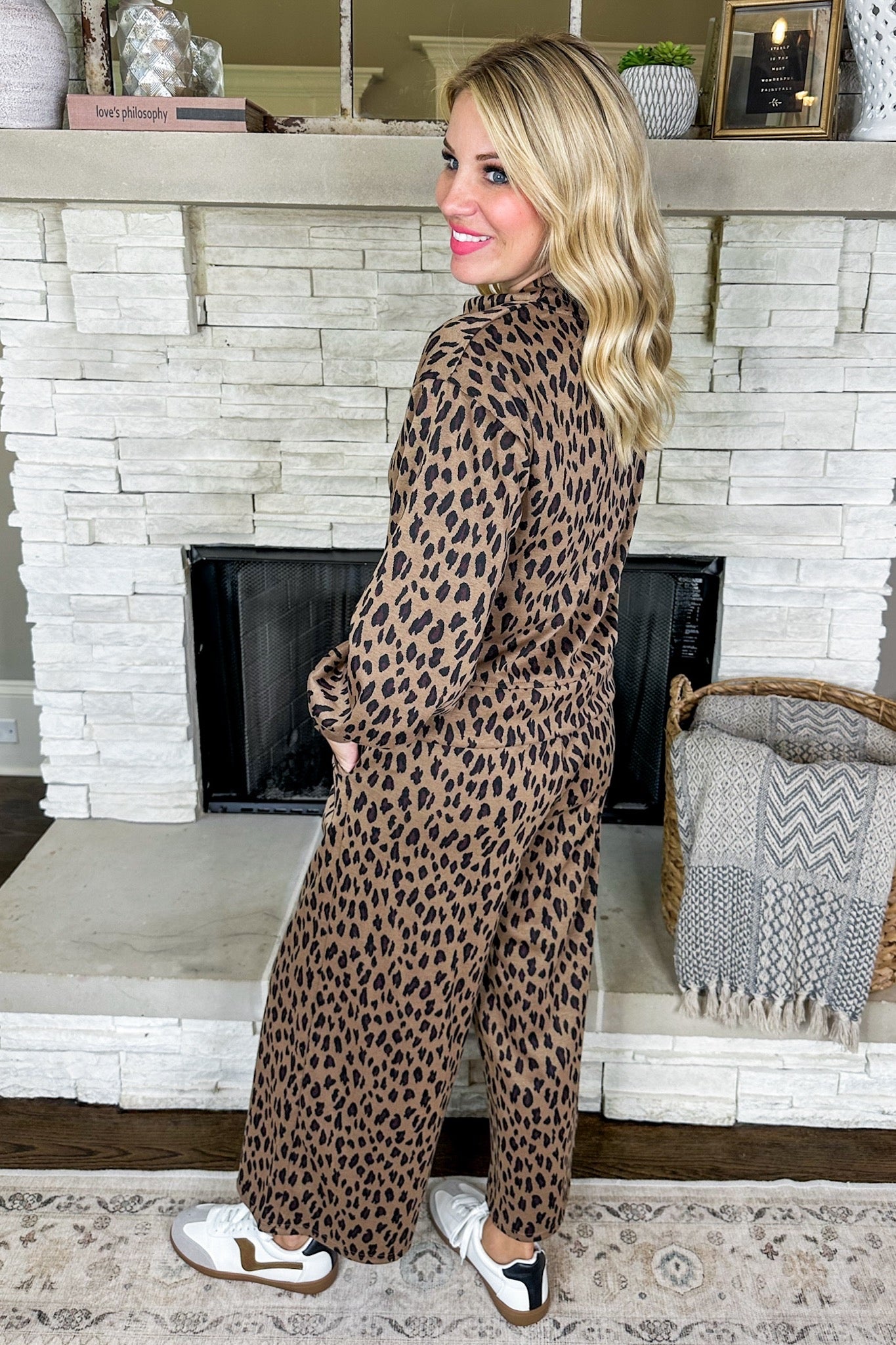 Leopard Print Turtleneck Pullover + Cropped Wide Leg Pants Set