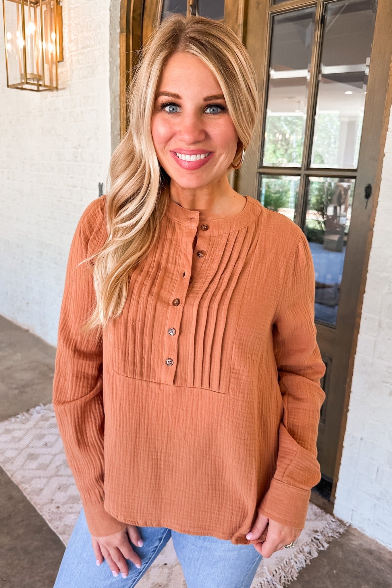 Button Down Pleated Muslin Long Sleeve Top
