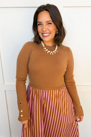 Sunday Style Stripe Midi Dress in Camel & Pink