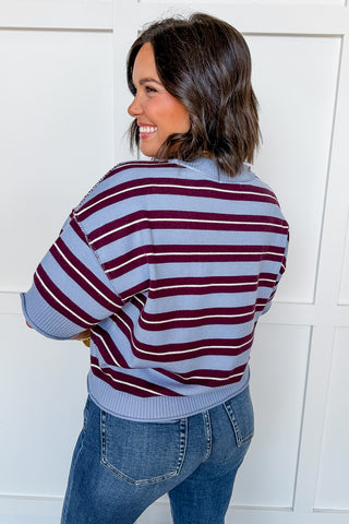Cocoa Stripe Short Sleeve Knit Top in Ice Plum