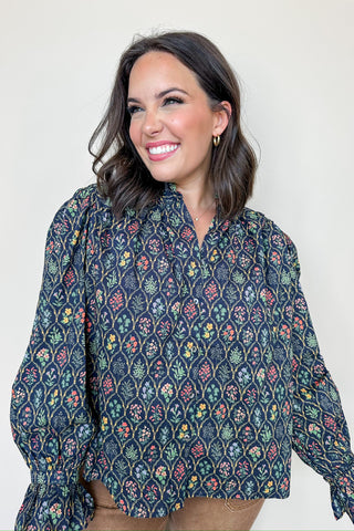 Navy Floral Patterned Long Sleeve Blouse