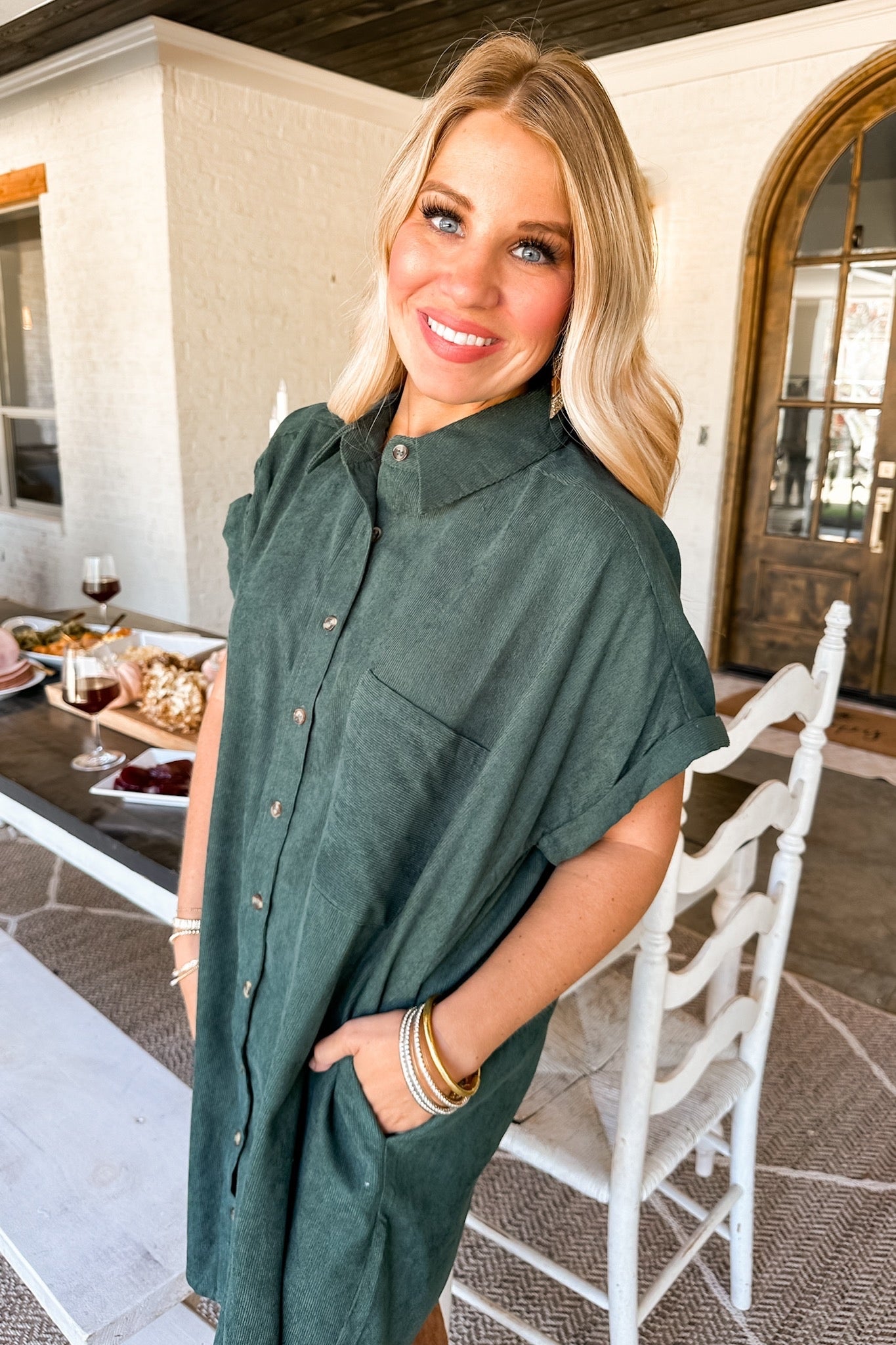 Corduroy Short Sleeve Button Down Pocketed Dress in Forest Green