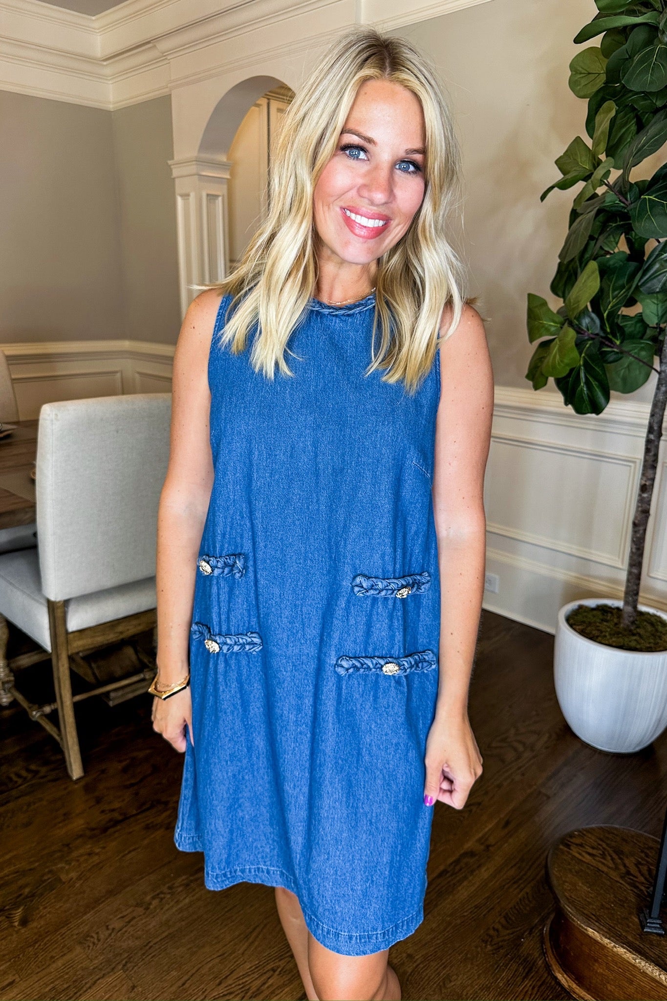 Braided Detail Gold Button Dress in Denim