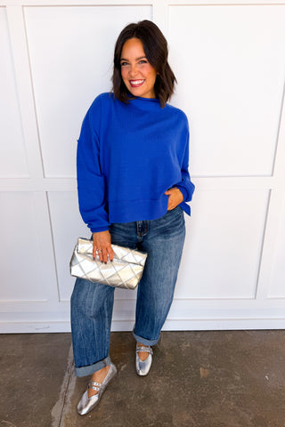 Cozy Girl Fleece Mock Neck Sweater in Blue