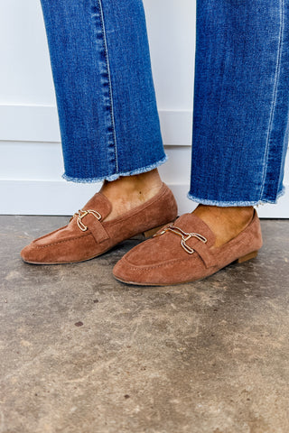 Won the Lottery Crystal Gold Metal Chain Suede Loafer in Camel