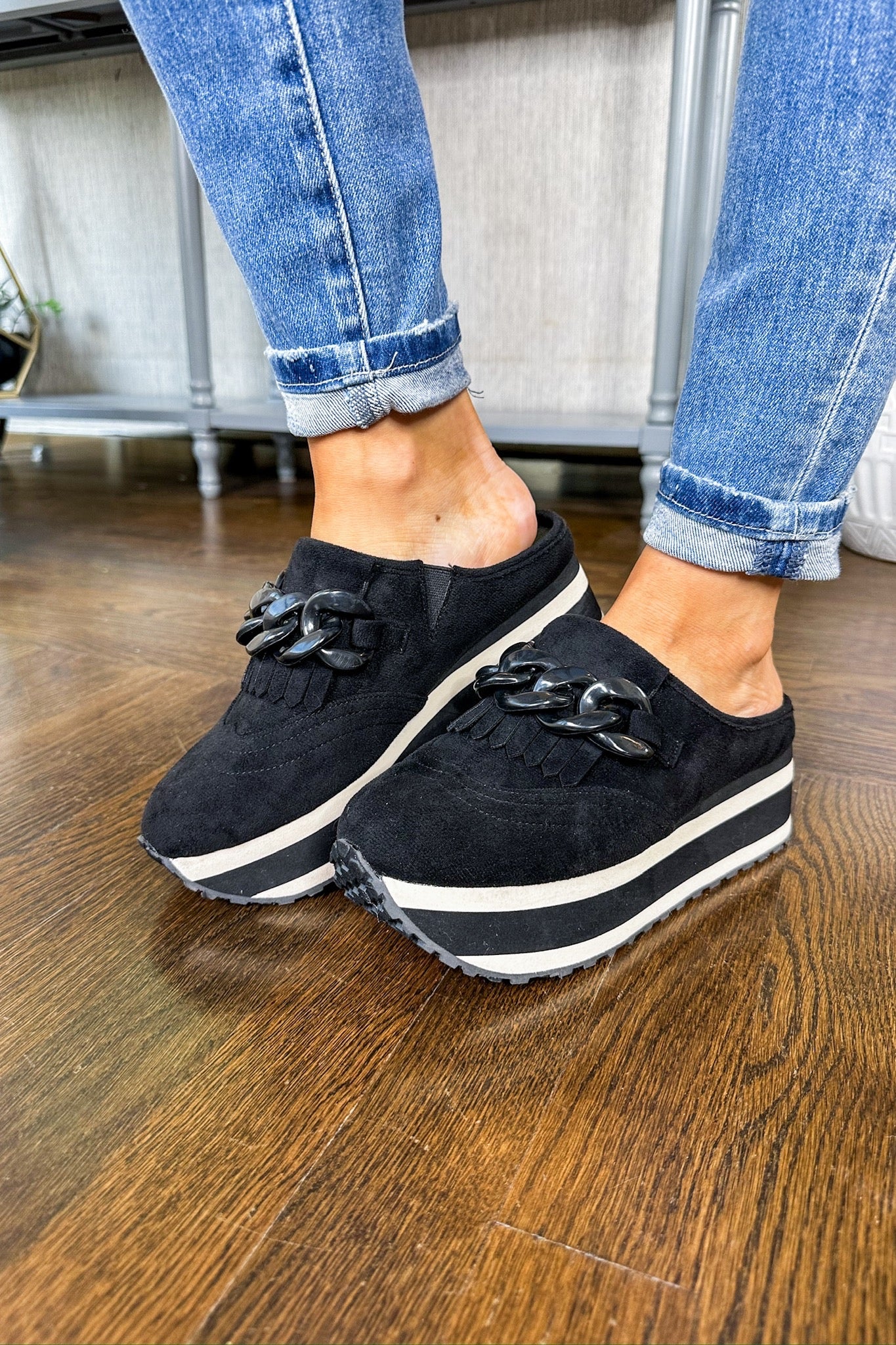 Chunky Chain & Fringe Backless Platform Loafer Sneaker in Black