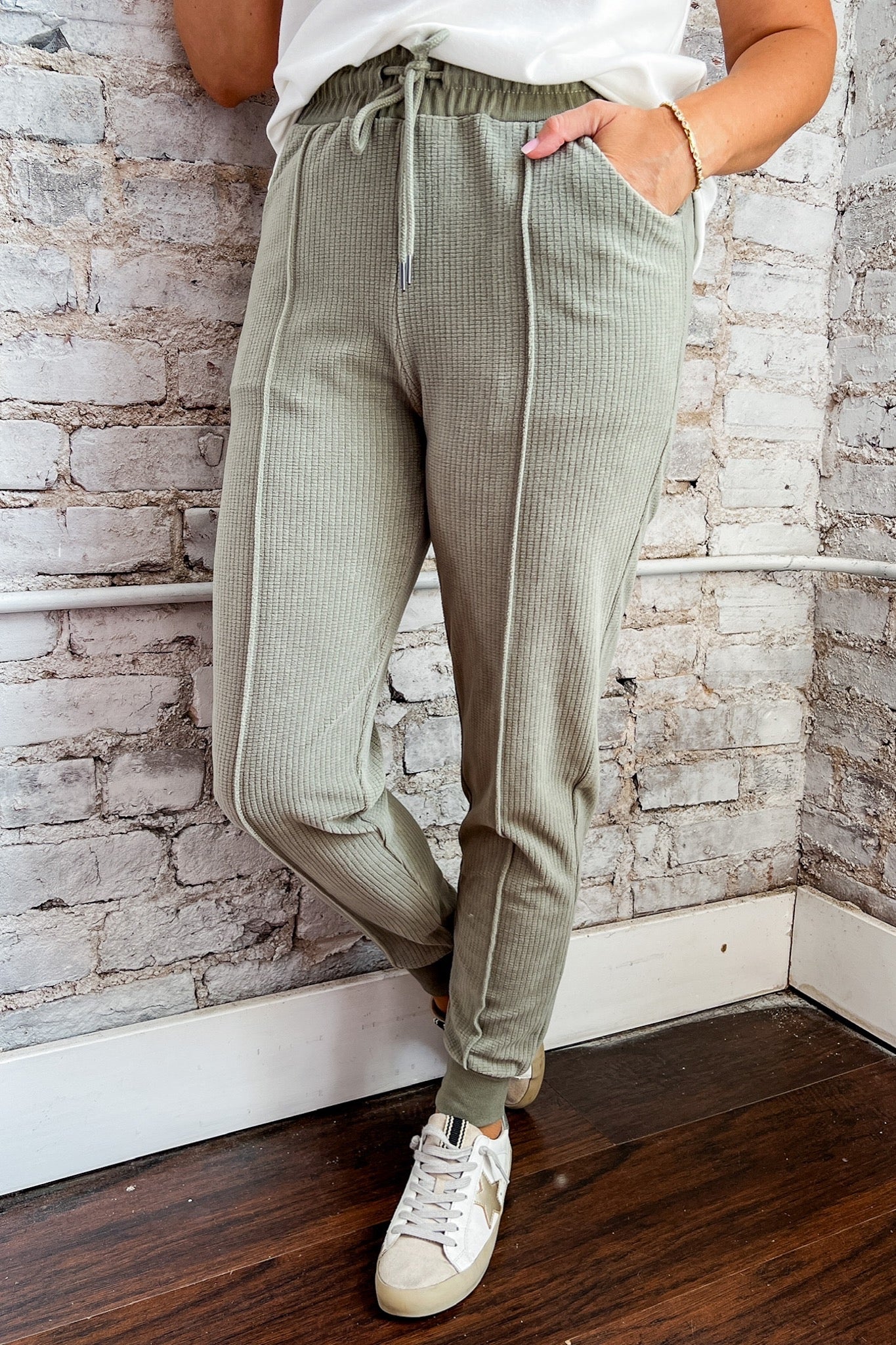 Textured Exposed Seam Joggers in Sage