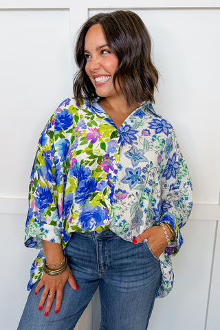 Mixed Feelings Button Front Floral Top in Blue Mix