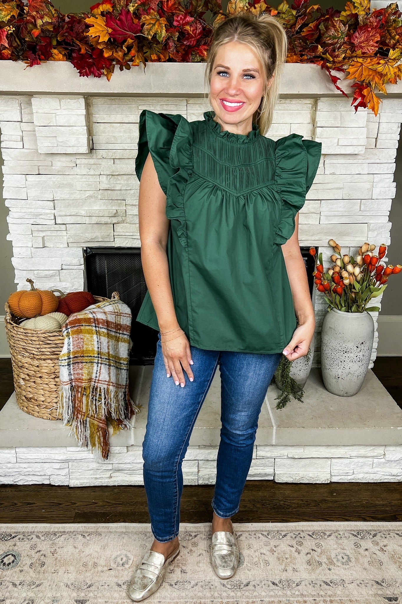 Pleated Hunter Green Top with Ruffle Sleeves